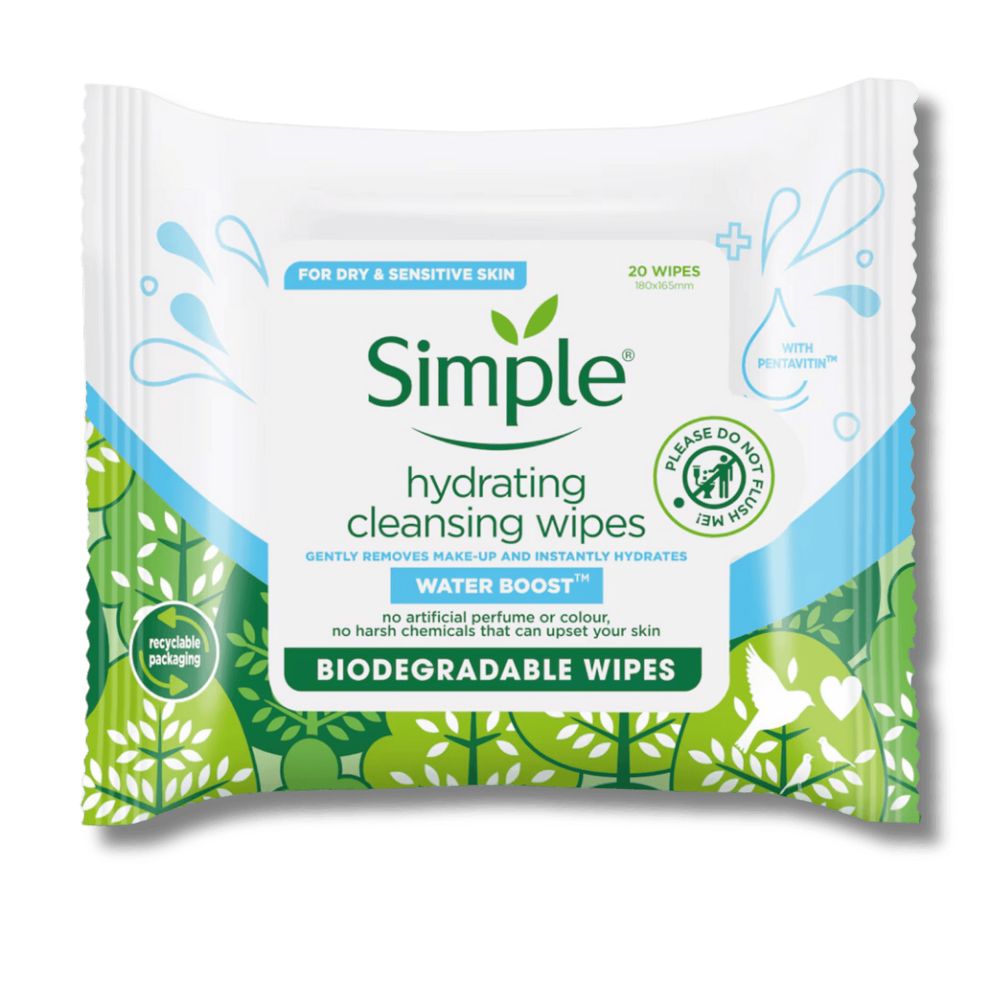 Simple Water Boost Biodegradable Hydrating Facial Wipes (20Ct)