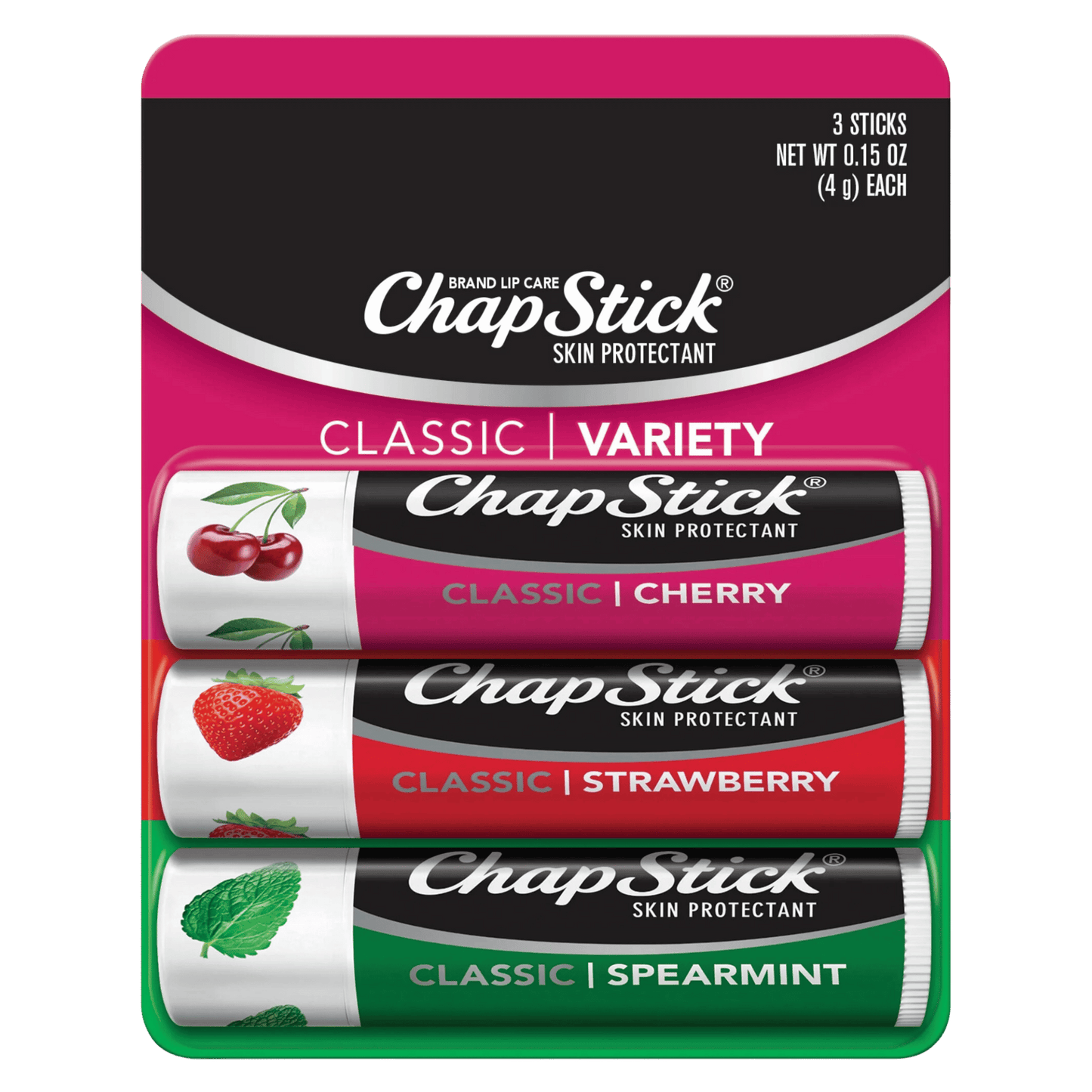 ChapStick Classic Cherry, Spearmint and Strawberry Lip Balm 3 Pack (4g Each)